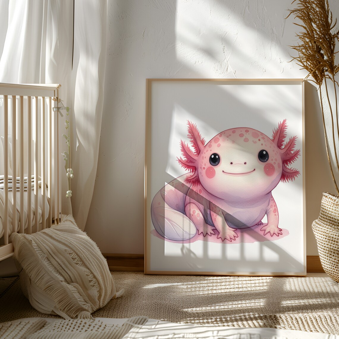 Cute Pink Axolotl Watercolor Animal Portrait Nursery Art Poster - Image 2