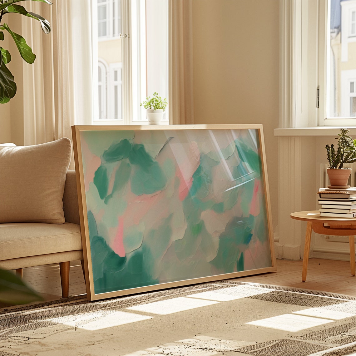 Soft Pastel Abstract Oil Painting Mint Pink Minimalist Art Wall Print - Image 4