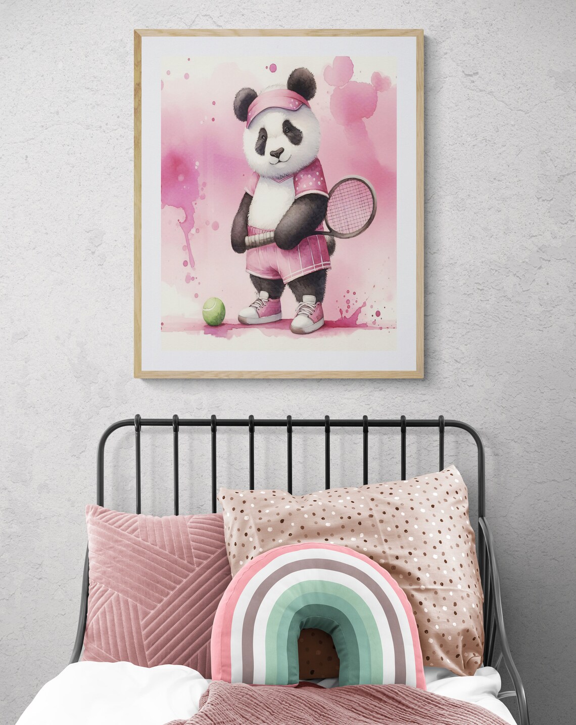 Panda Tennis Player Pink Watercolor Cute Nursery Sports Animal Poster - Image 2