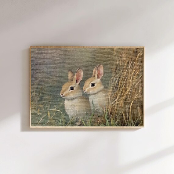 Two Vintage Rabbits In Meadow Grass Soft Neutral Nursery Animal Art Poster
