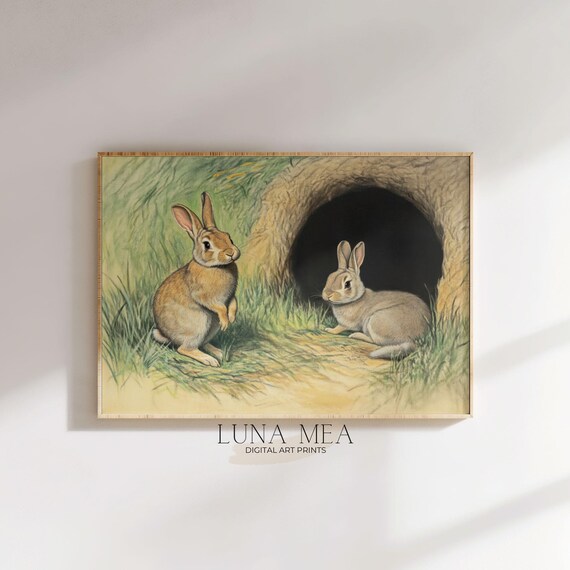 Two Vintage Rabbits By Burrow Hole Woodland Wildlife Nursery Animal Art Poster
