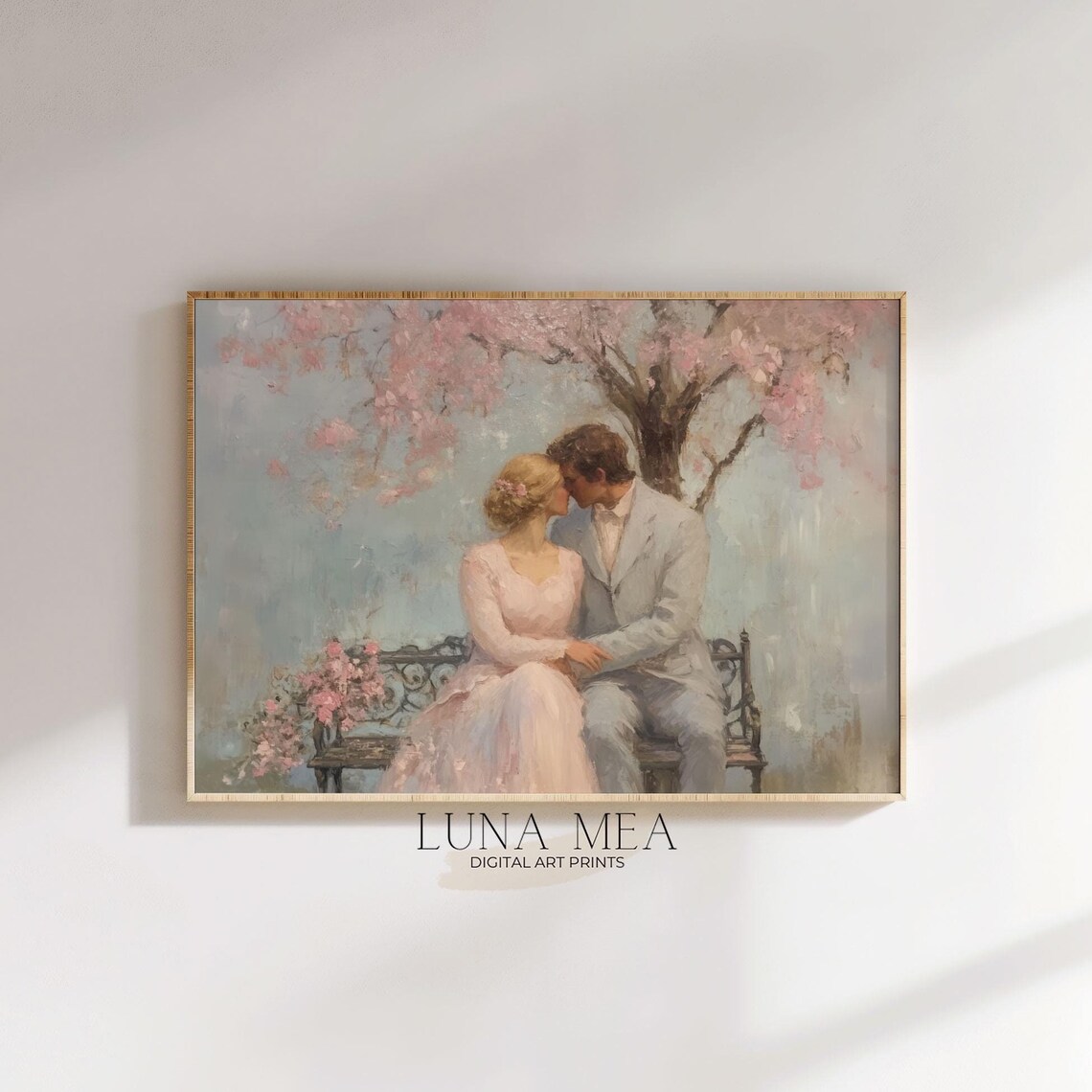 Romantic Couple On Garden Bench Under Cherry Blossoms Vintage Love Art Poster