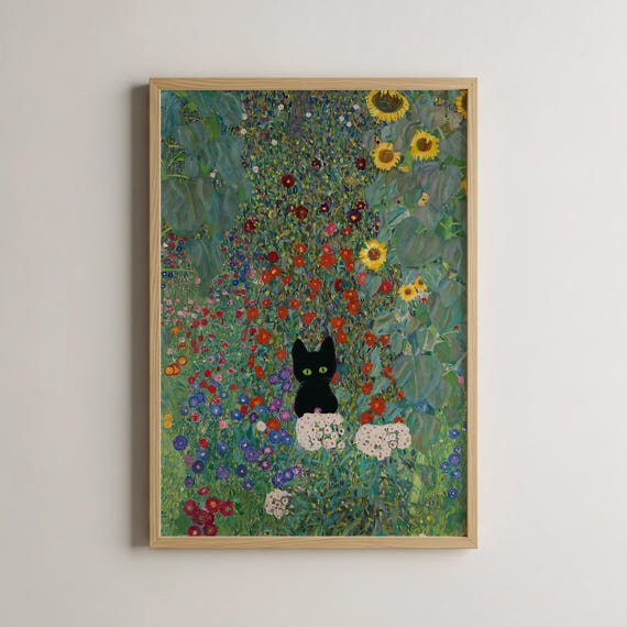 Klimt Art Print Floral Wall Black Cat Decor Gustav Inspired Poster Botanical Lover Gift Home