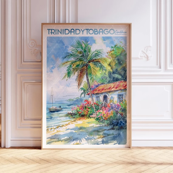 Trinidad And Tobago Caribbean Beach Watercolor Travel Poster Palm Coast