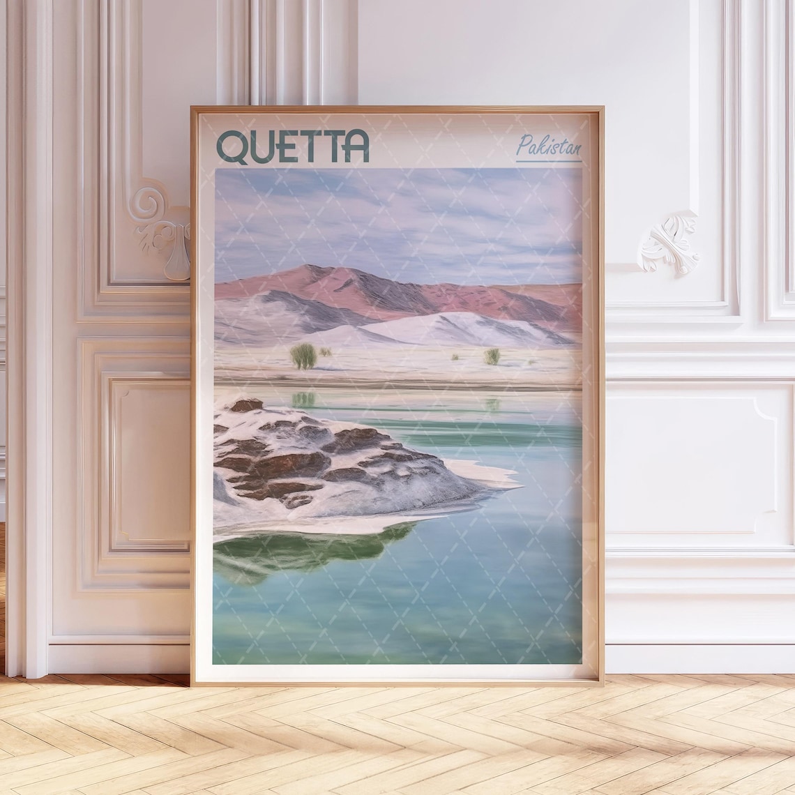 Quetta Pakistan Watercolor Travel Poster Rocky Lake Desert Mountains