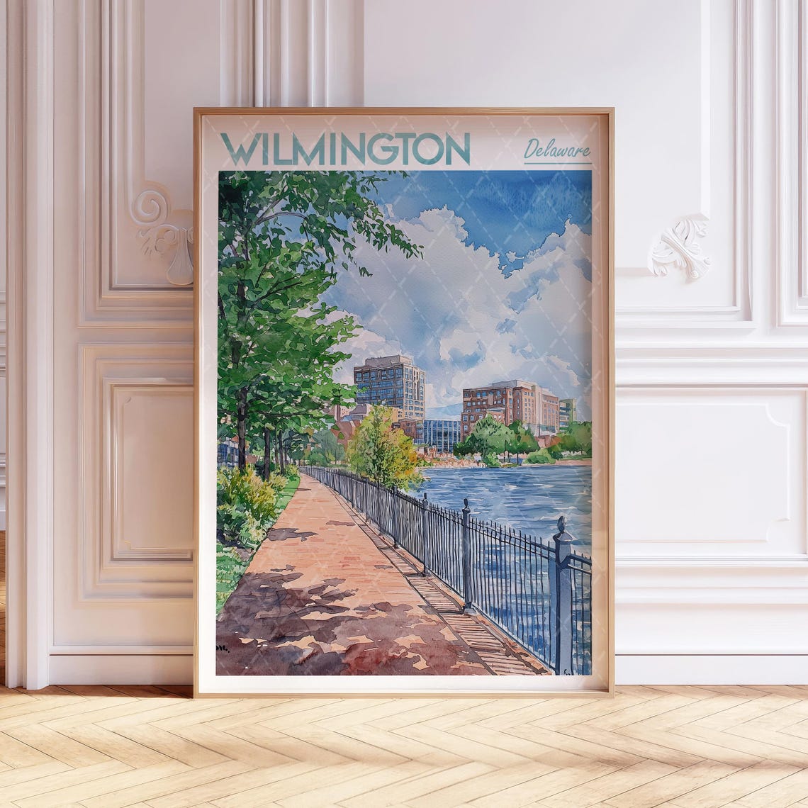 Wilmington Delaware Riverwalk Watercolor Travel Poster Blue Sky
