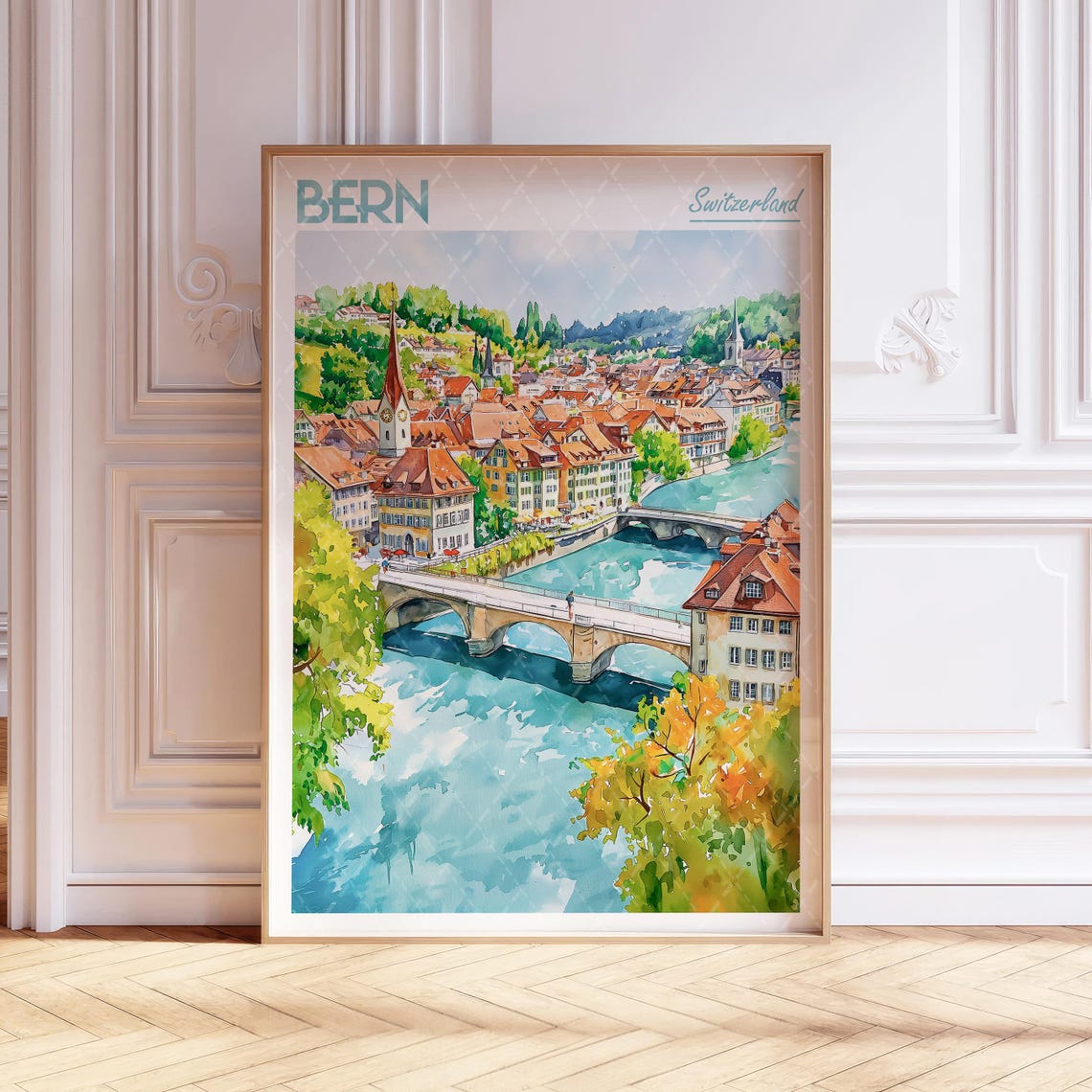 Bern Switzerland Old Town River Bridge Blue Aare Watercolor Poster
