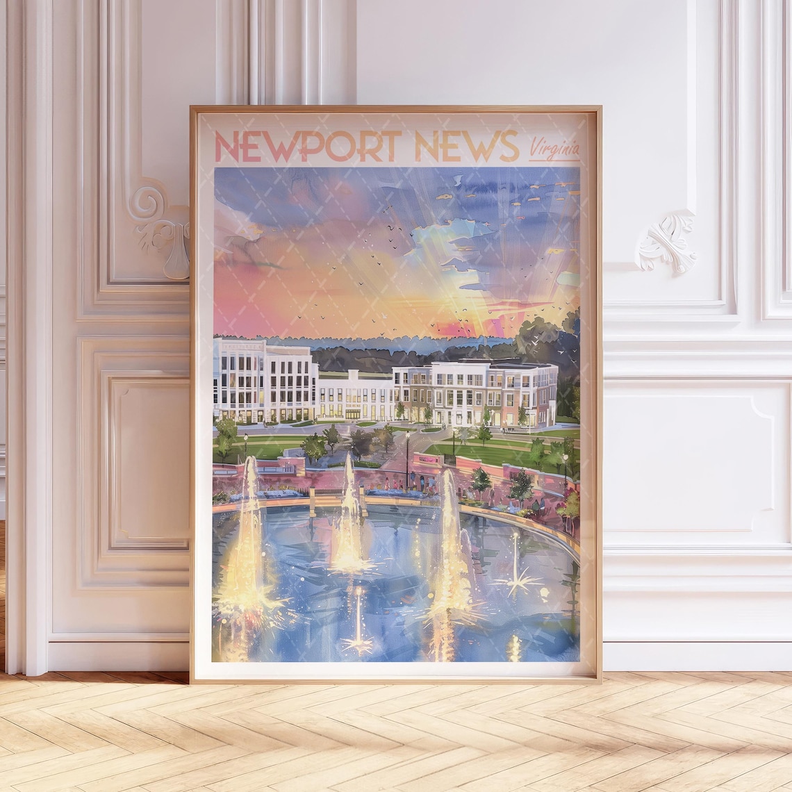 Newport News Virginia Watercolor Travel Poster Sunset Fountain Plaza