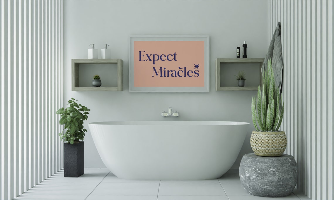 Expect Miracles Navy Peach Retro Inspirational Quote Wall Art Poster - Image 2