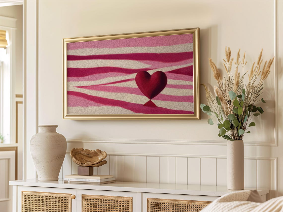 Abstract Pink Striped Background Textured Red Heart Romantic Art Print - Image 2