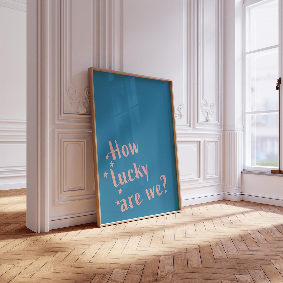 How Lucky Are We Pink Quote Print Retro Blue Background Wall Poster - Image 2