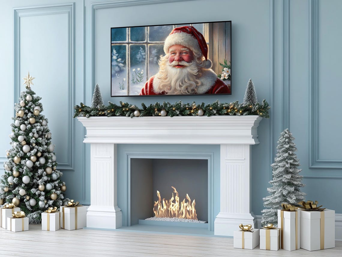 Vintage Santa Claus Portrait Snowy Window Nostalgic Christmas Poster - Image 2