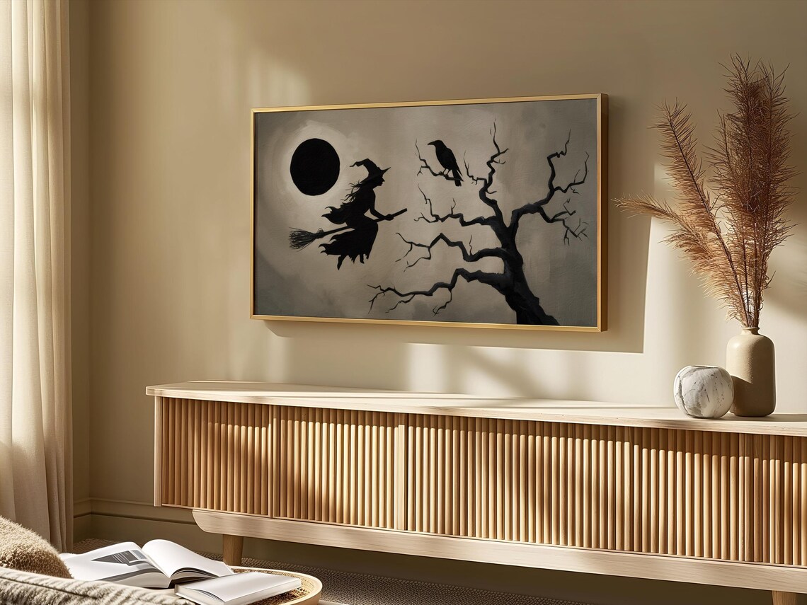 Witch Broom Black Moon Crow Bare Tree Neutral Moody Halloween Art Poster - Image 4