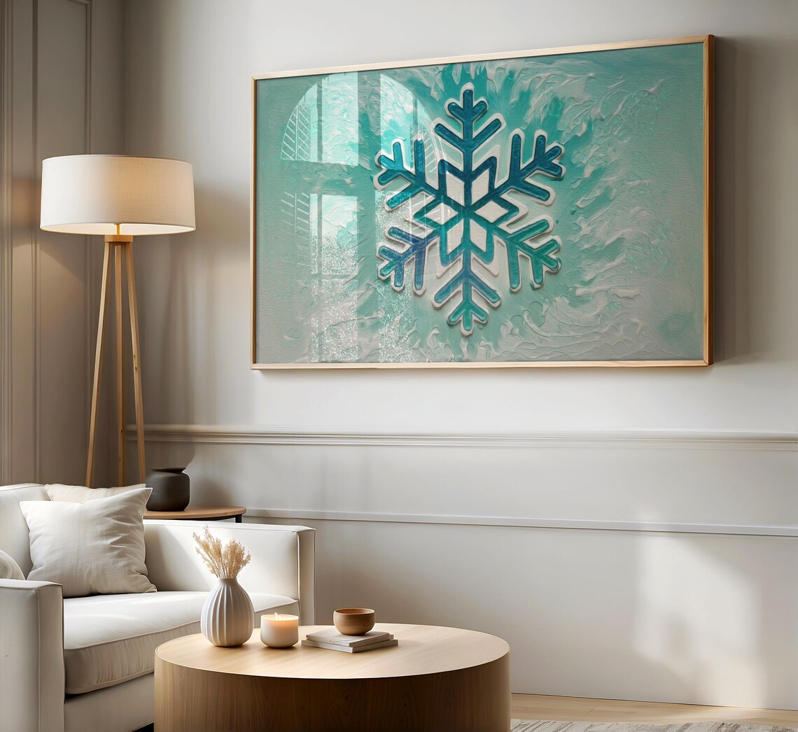Teal Snowflake Textured Winter Christmas Abstract Painting Wall Art - Image 2