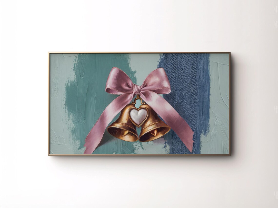 Golden Christmas Bells Pink Satin Bow Teal Background Holiday Poster
