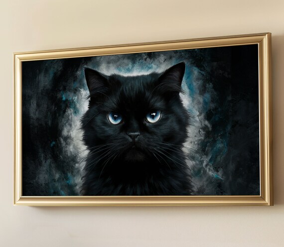 Black Cat Blue Eyes Moody Dark Gothic Halloween Cat Painting Wall Art