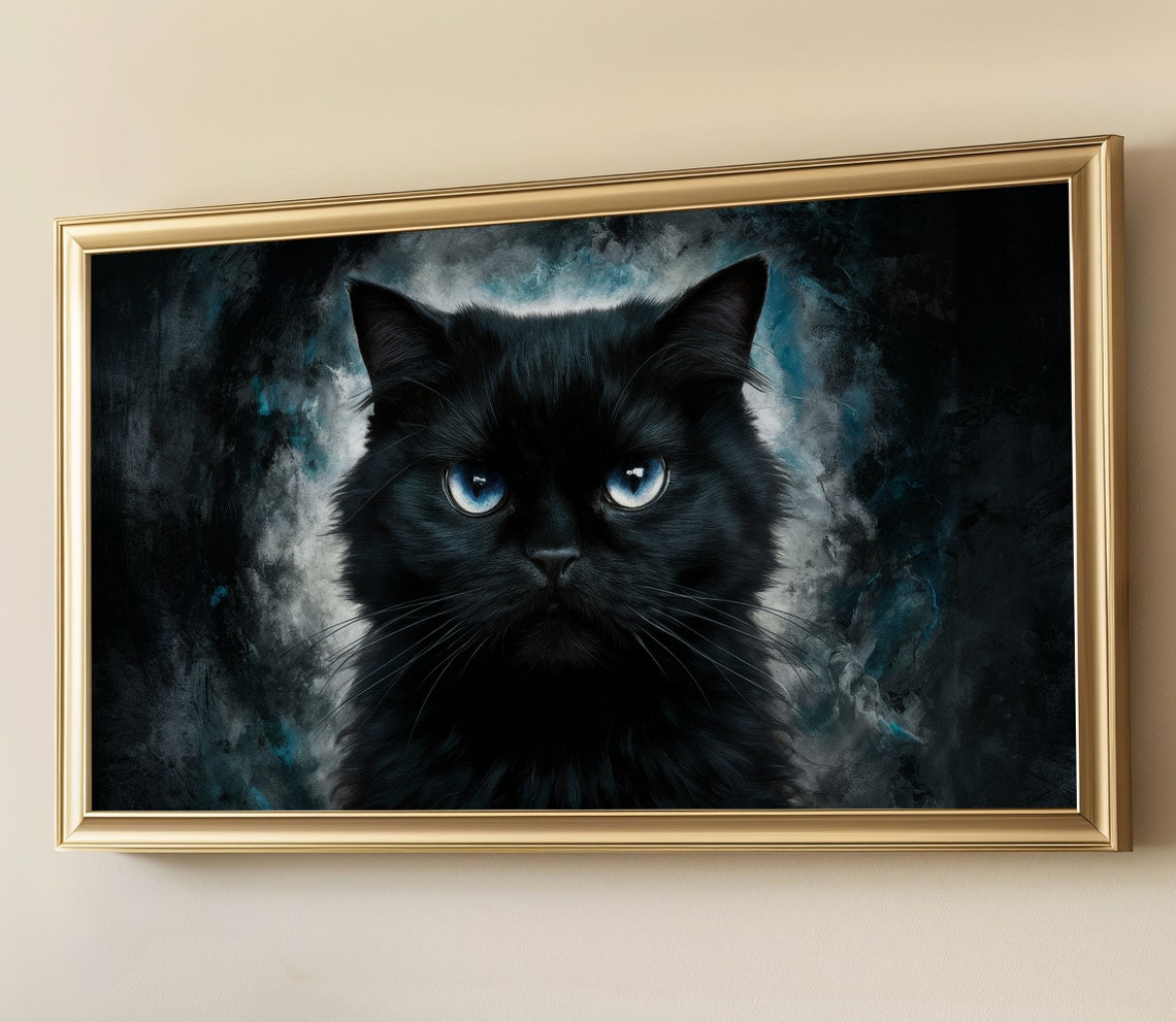 Black Cat Blue Eyes Moody Dark Gothic Halloween Cat Painting Wall Art