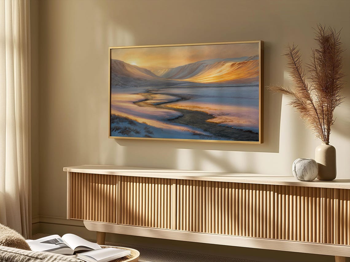 Snowy Mountain Valley Sunrise Golden Light Winding Stream Poster - Image 4