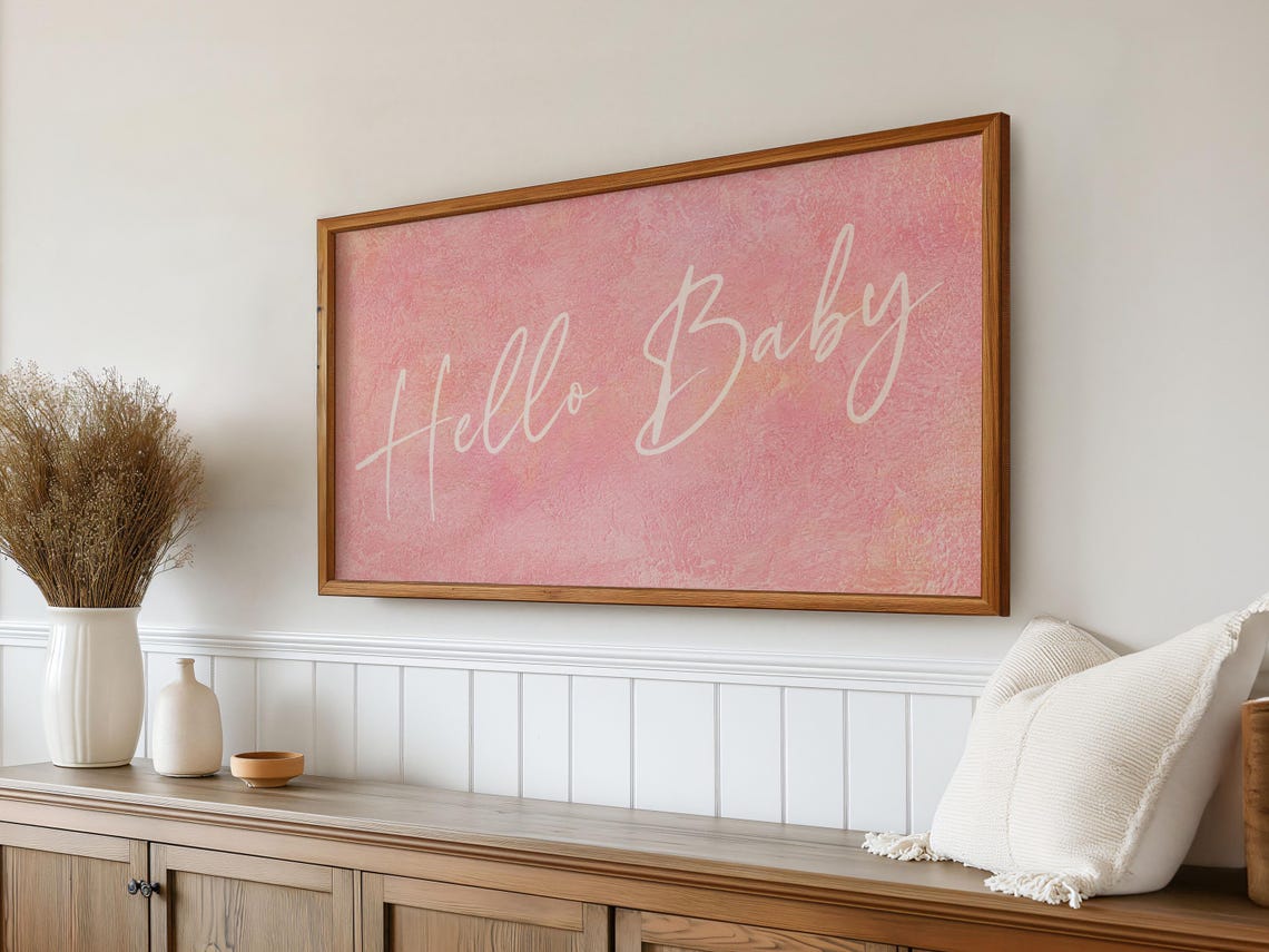Frame Tv Art Baby Shower Decor Hello Baby Tv Picture Pink Baby Shower Party Decor Screen Minimalistic Girl Baby Shower Tv Decor - Image 5