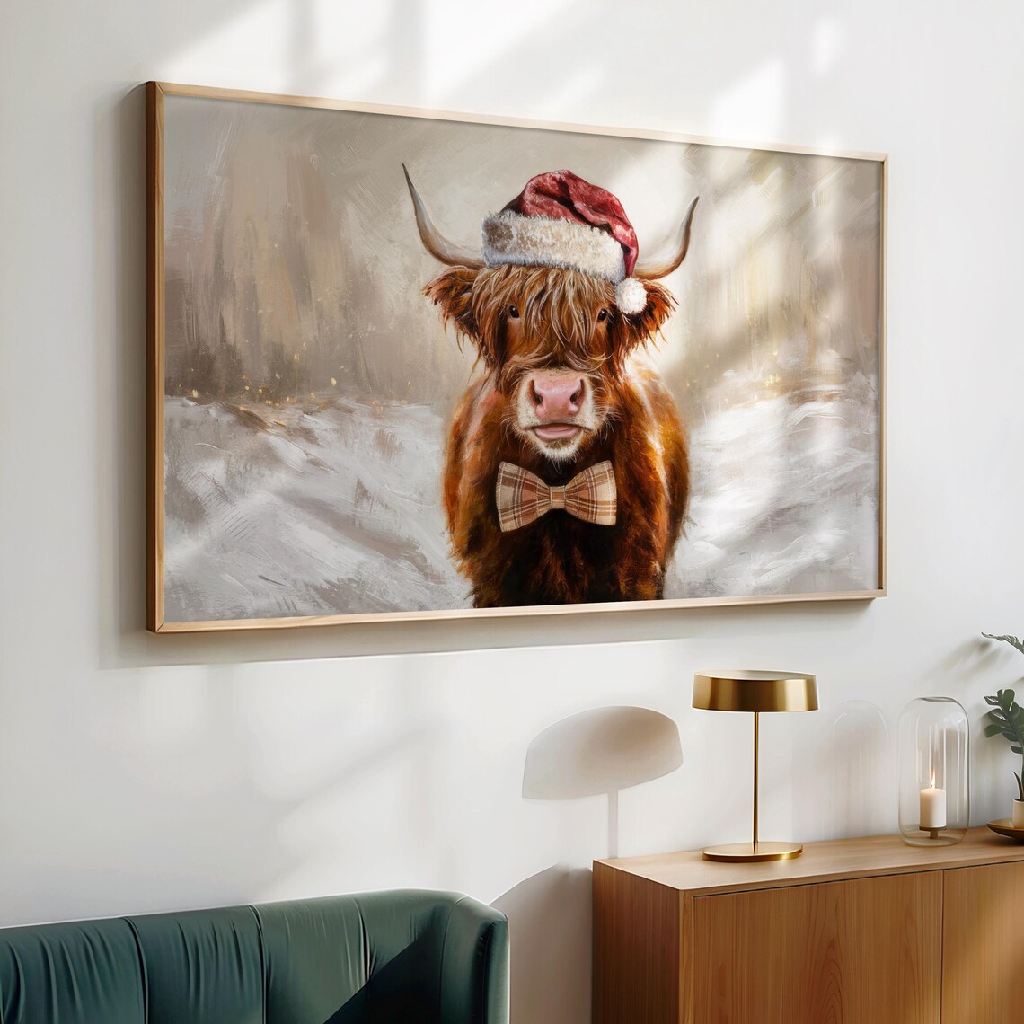 Highland Cow Santa Hat Plaid Bow Tie Snowy Christmas Painting Poster - Image 3