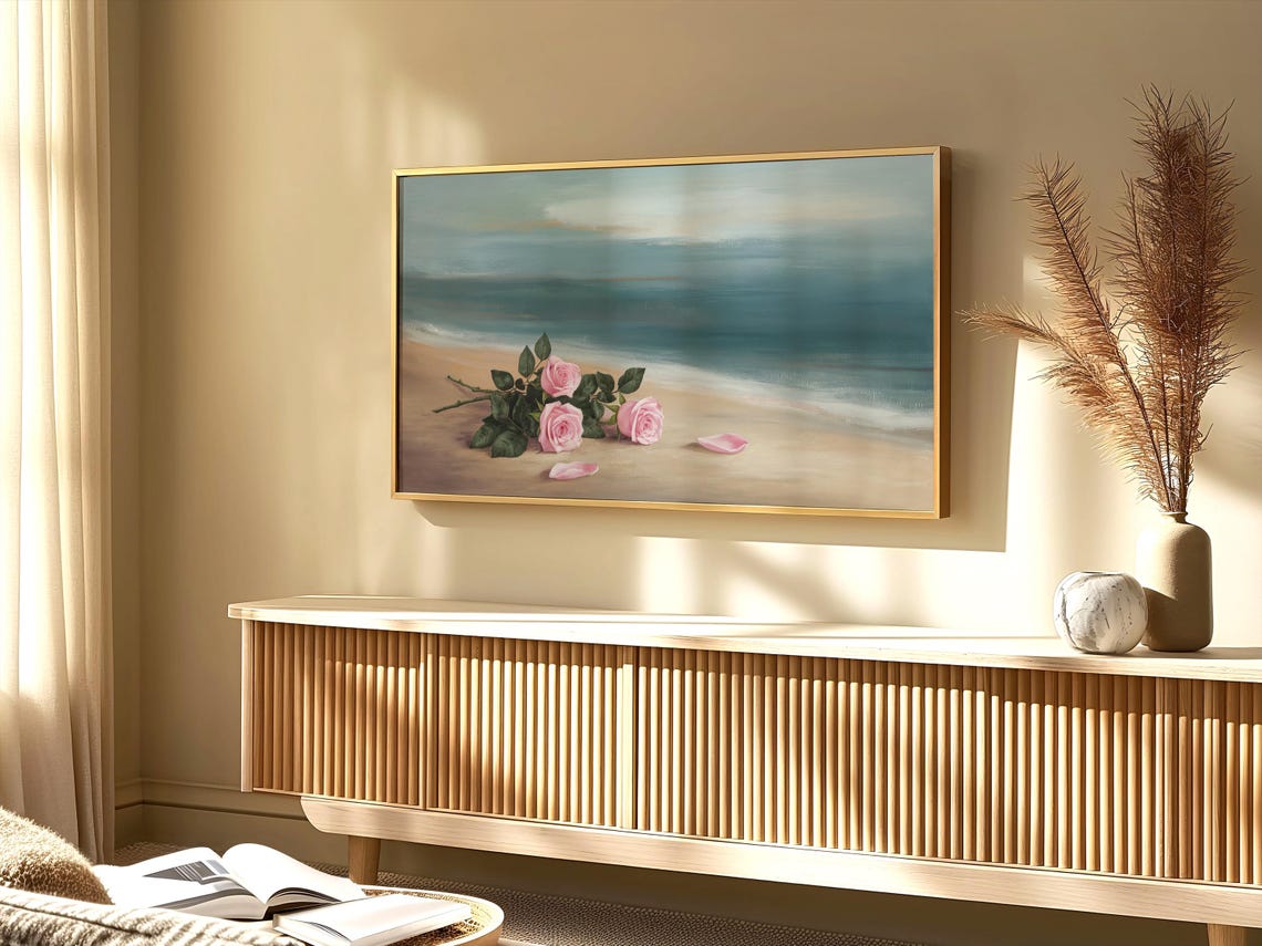 Pink Roses Sandy Beach Ocean Waves Moody Coastal Floral Poster - Image 4