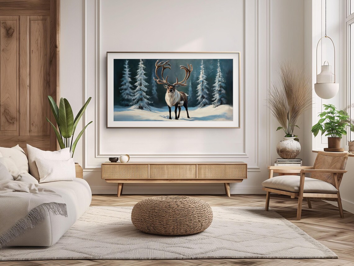 Reindeer Snowy Pine Forest Nordic Winter Landscape Painting Art Poster - Image 2