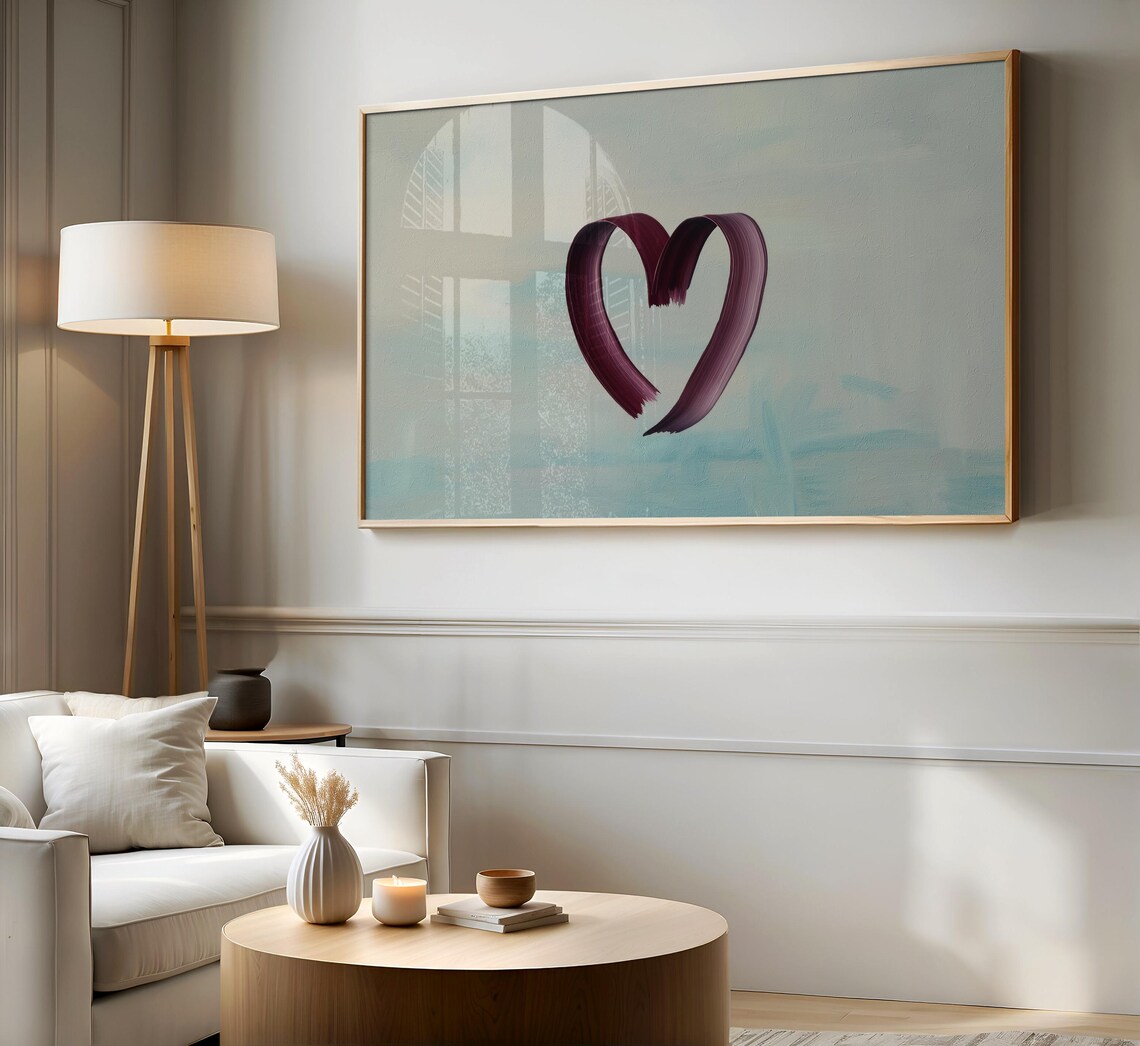 Minimalist Burgundy Brushstroke Heart Neutral Blue Valentine Art Print - Image 3