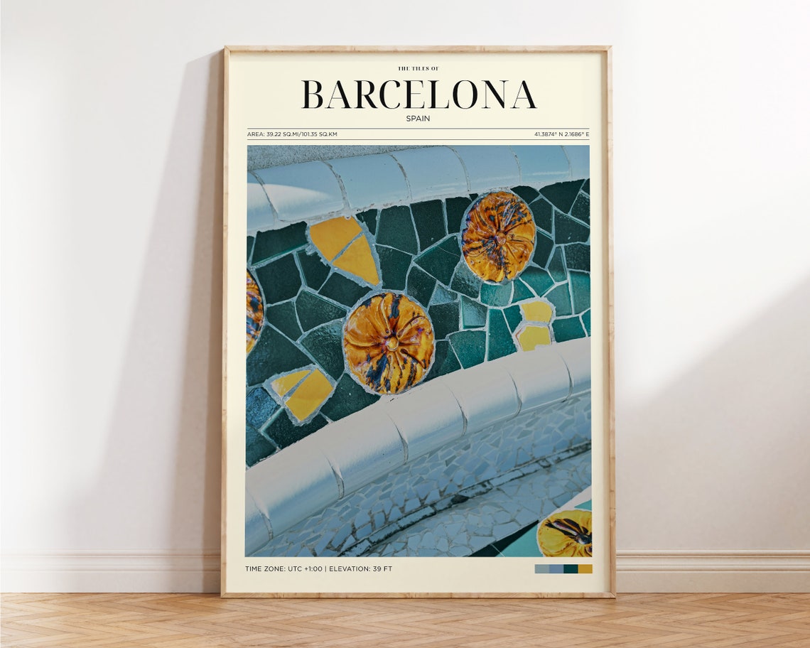 Travel Poster Barcelona Green Tiles Poster Barcelona Poster Vintage Spain Poster Art Deco Tiles Wall Art For Living Room Modern Island