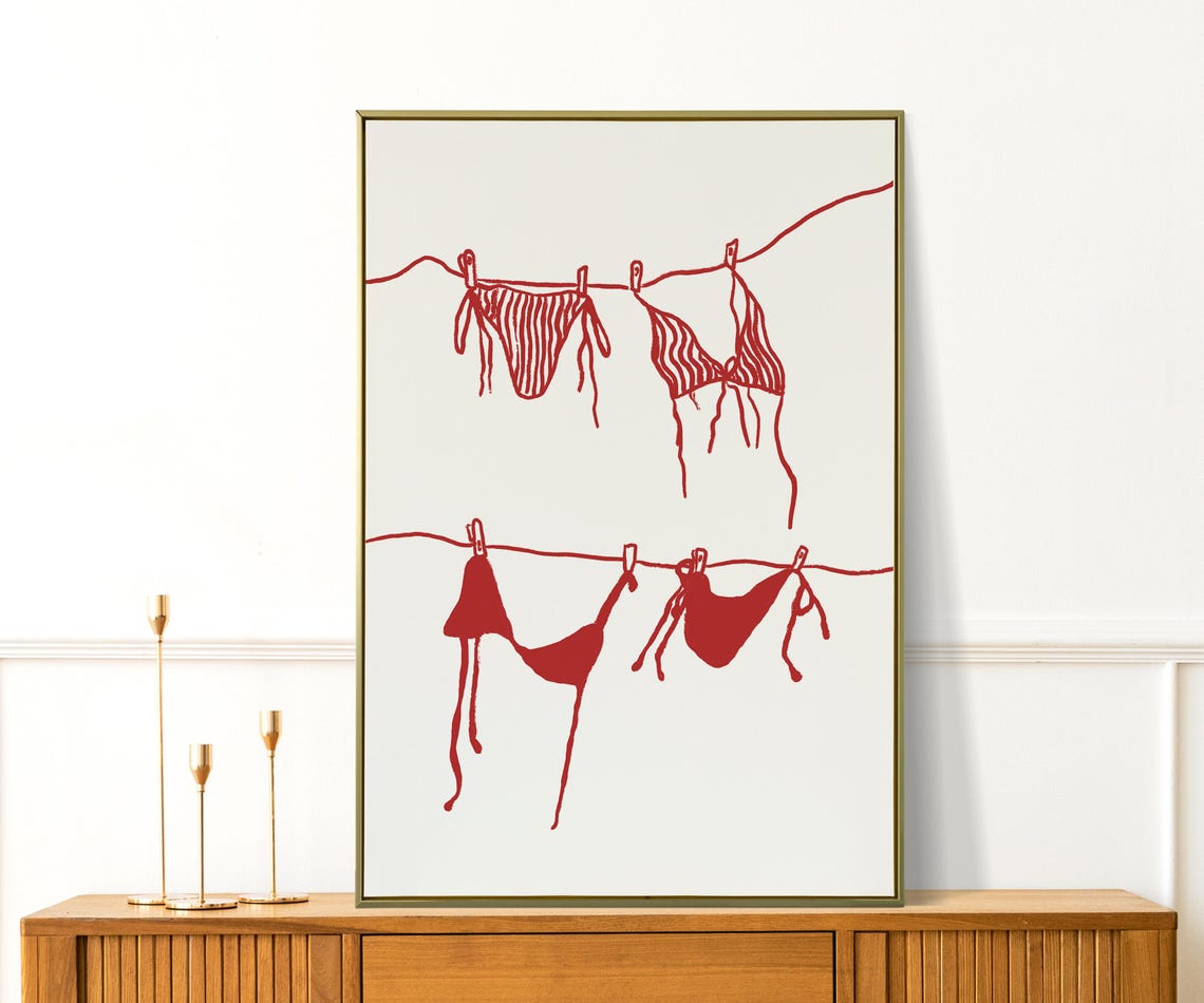 Red Bikini Clothesline Beach Club Coastal Line Art Wall Poster - Image 2