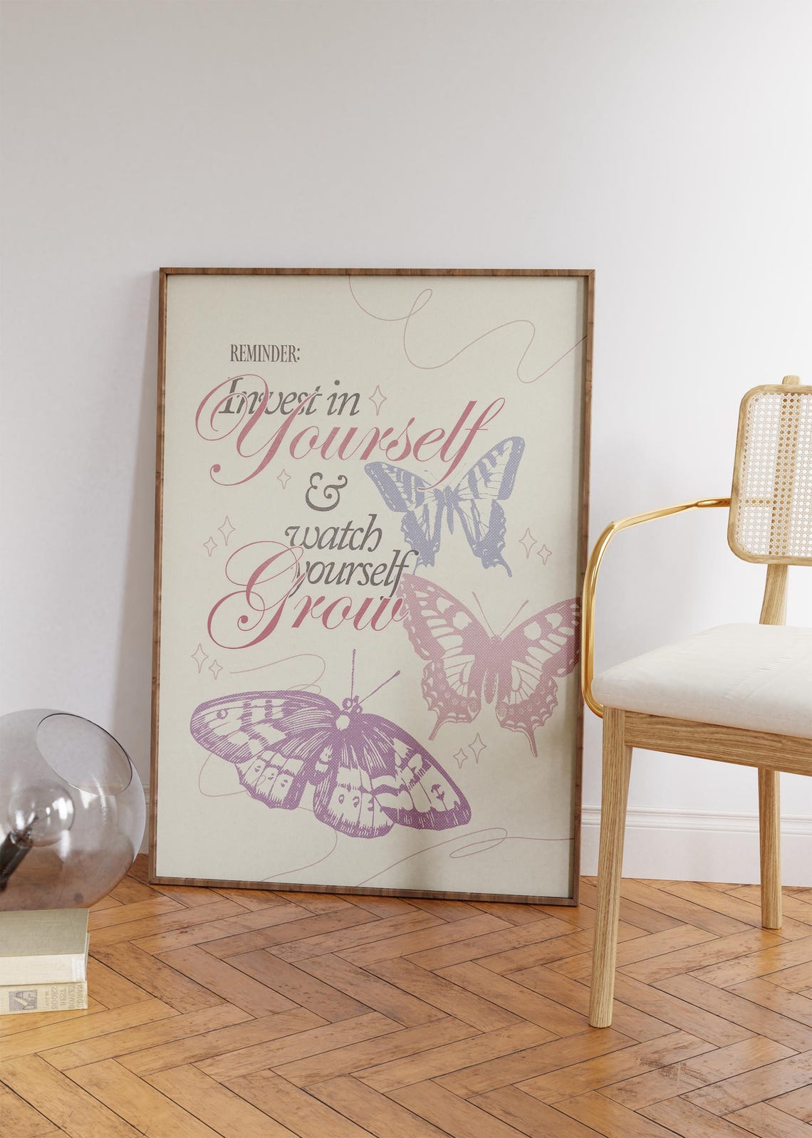 Invest In Yourself And Watch Yourself Grow Girly Apartment Decor Retro Cute Self Love Print Preppy Floral Butterflies Print Positive Art - Image 2