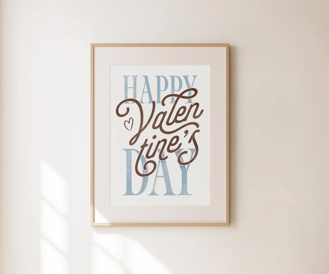 Happy Valentines Day Script Lettering Blue Brown Retro Wall Art Poster - Image 2