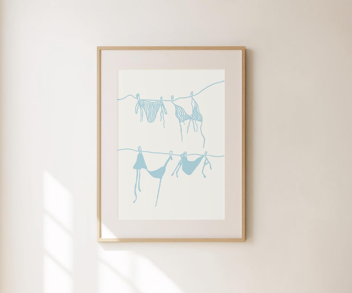 Bikini Clothesline Illustration Dusty Blue Coastal Summer Beach Poster - Image 3