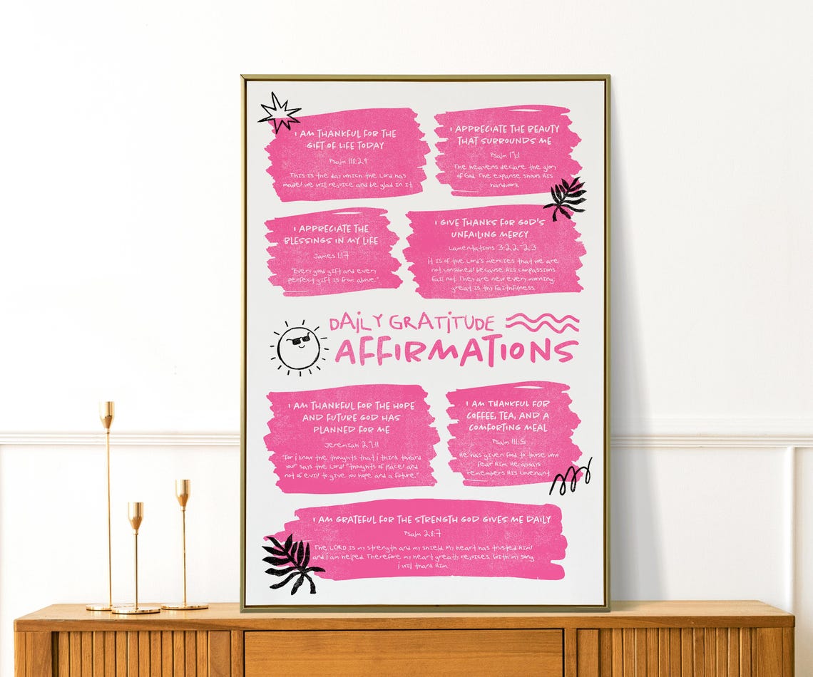 Daily Gratitude Affirmations Pink Christian Scripture Quote Poster