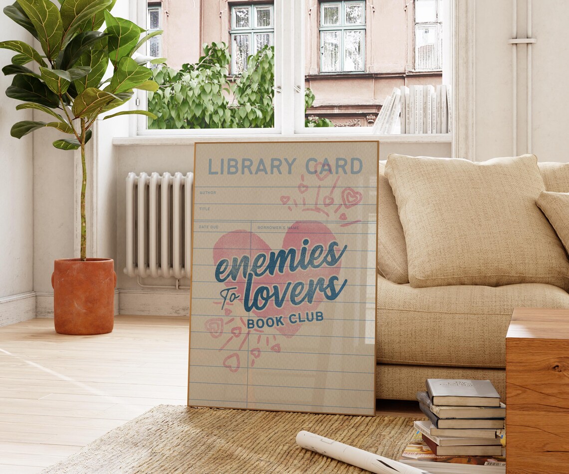 Enemies To Lovers Book Club Retro Library Card Pink Heart Art Poster - Image 2
