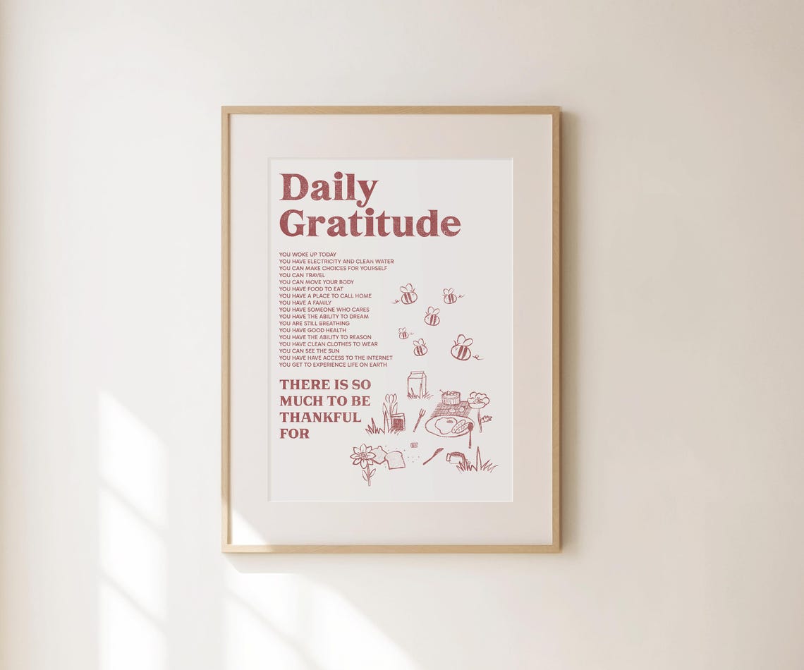 Daily Gratitude Red Affirmations Illustrated Mindfulness Quote Poster