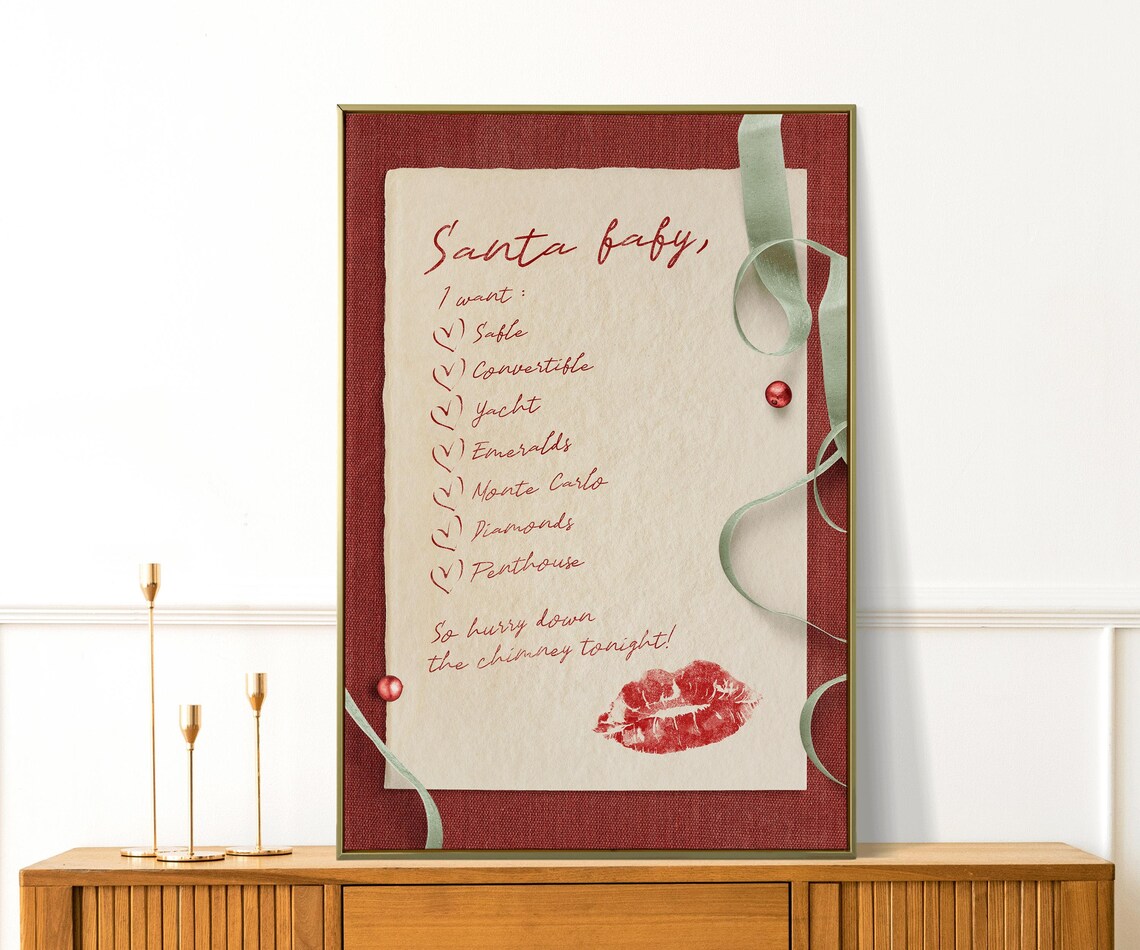 Santa Baby Wishlist Letter Christmas Lipstick Kiss Wall Art Poster - Image 4