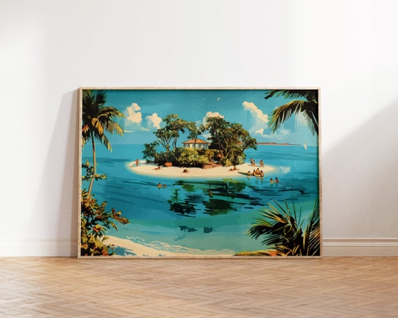Coastal Above Bed Print Island Vintage Ocean Landscape Painting Retro Gallery Beach Wall Art Housewarming Gift For Living Room Poster