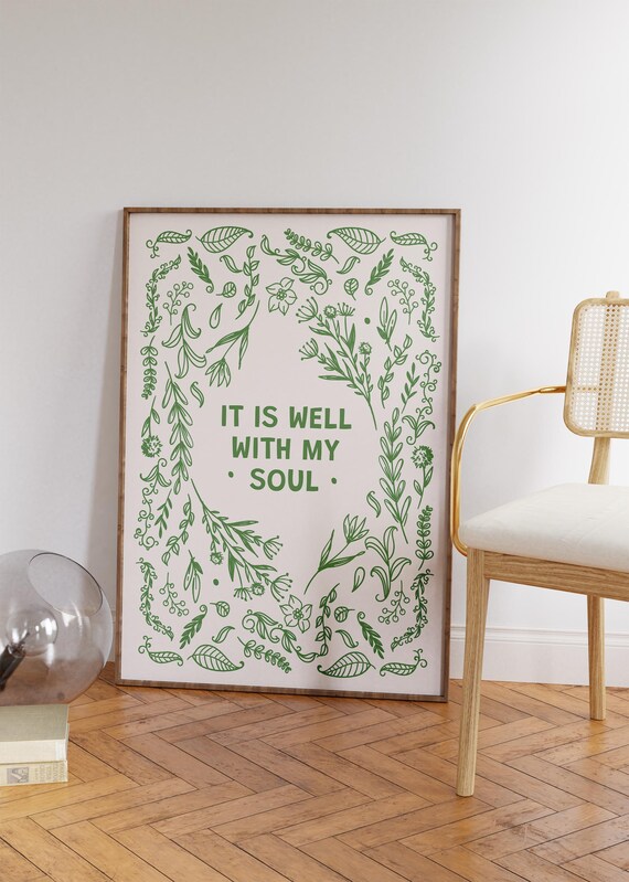It Is Well With My Soul Green Botanical Quote Cream Wall Art Poster