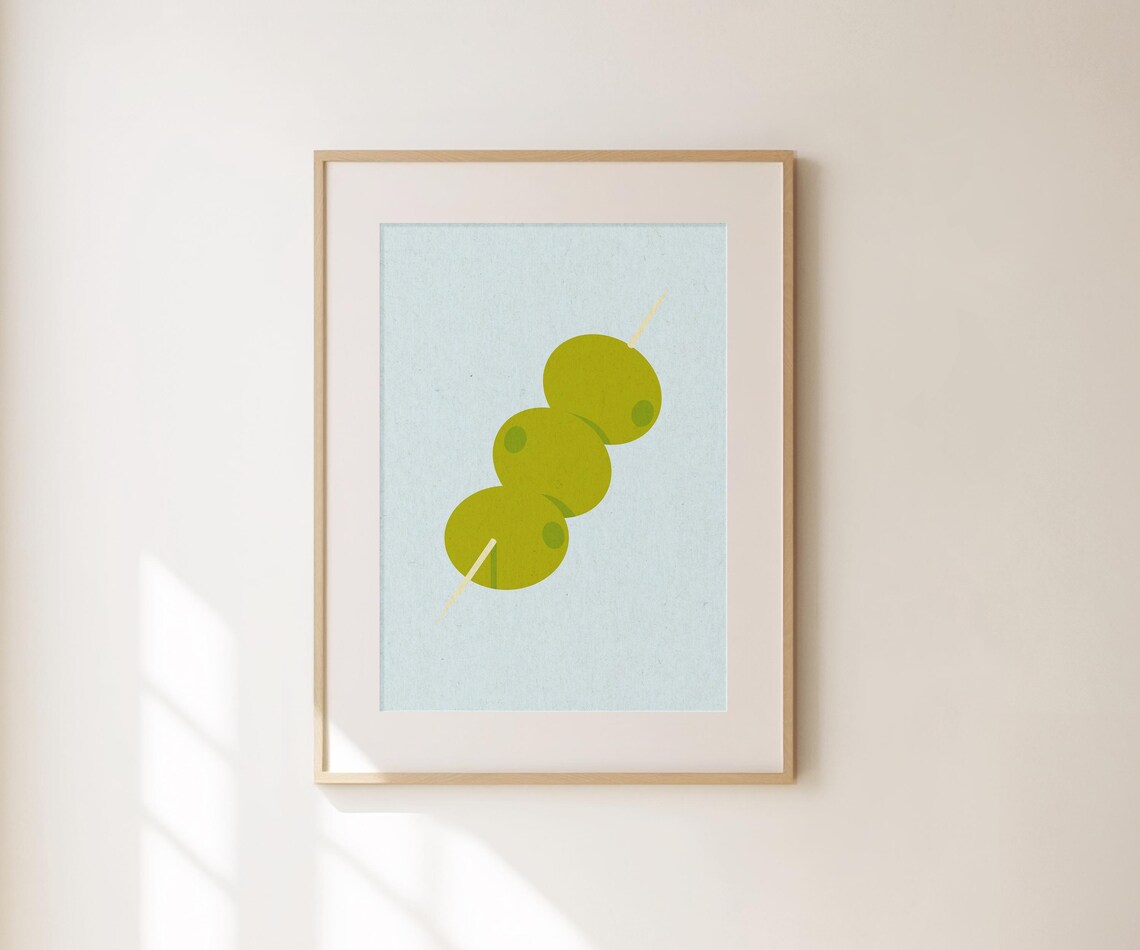Green Olives Cocktail Skewer Minimalist Blue Retro Kitchen Decor Poster - Image 3