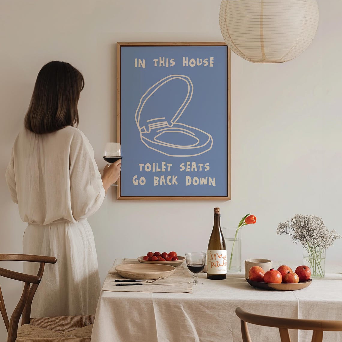 In This House Toilet Seats Go Back Down Blue Funny Bathroom Art Poster - Image 3