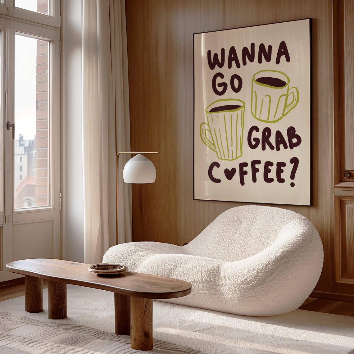 Wanna Go Grab Coffee Quote Brown Text Green Cup Doodle Kitchen Poster - Image 3