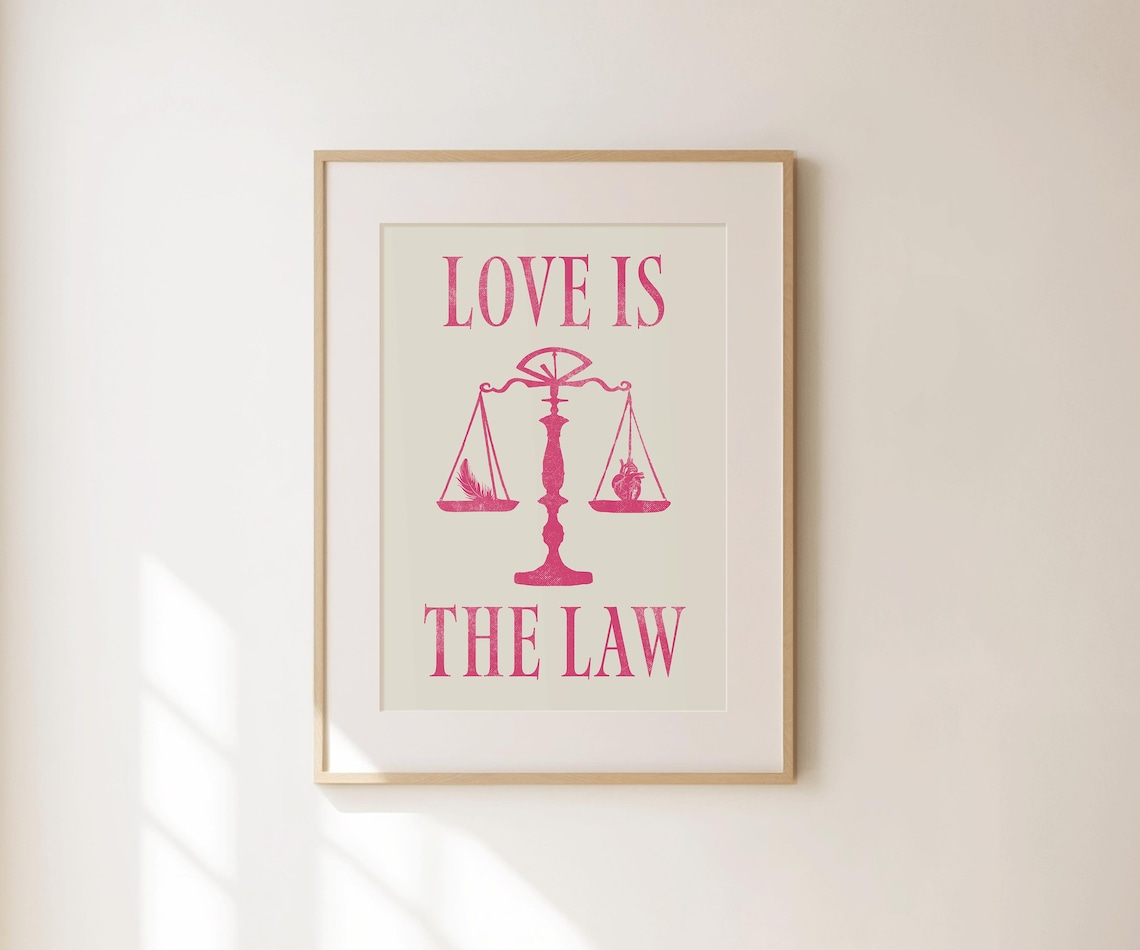 Love Is The Law Pink Scales Feather Heart Spiritual Quote Retro Poster - Image 3
