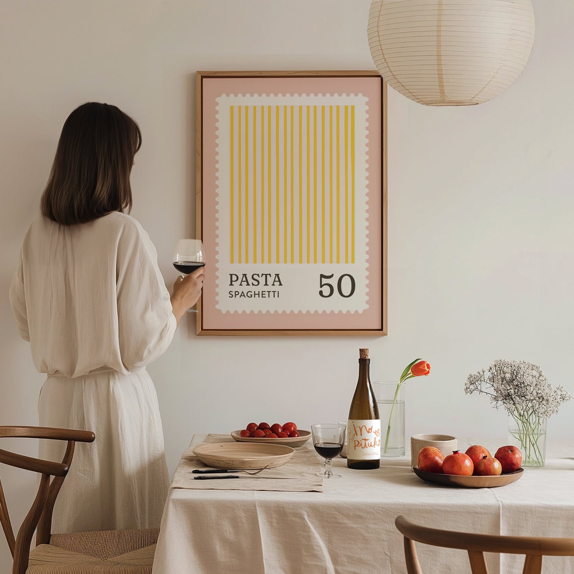 Pasta Spaghetti 50 Pink Stamp Style Cute Kitchen Wall Art Poster - Image 2