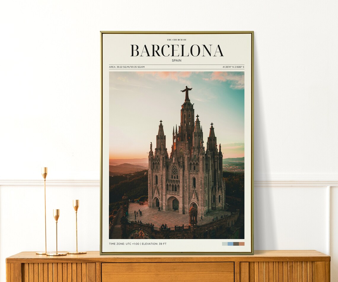 Barcelona Spain Tibidabo Sacred Heart Church Sunset Gothic Travel Poster