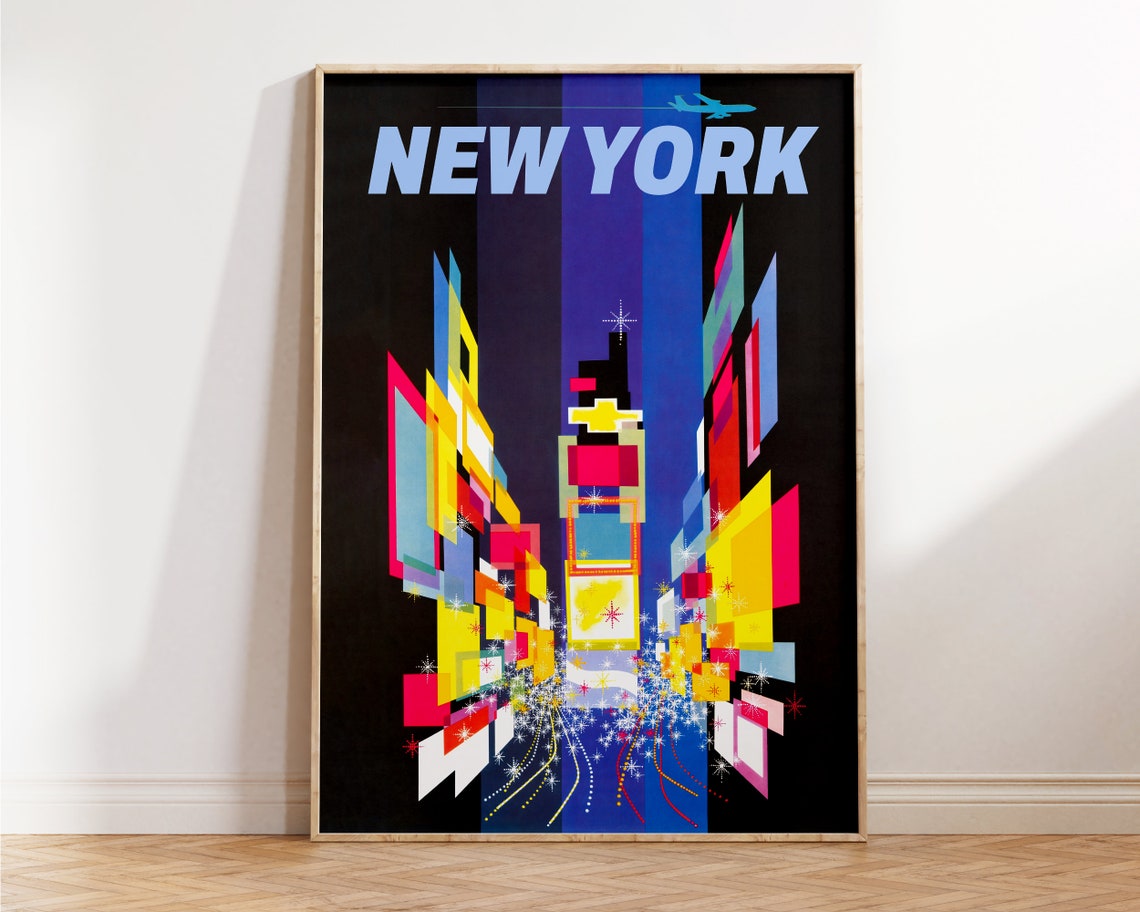 New York Times Square Night Neon Lights Geometric Travel Poster