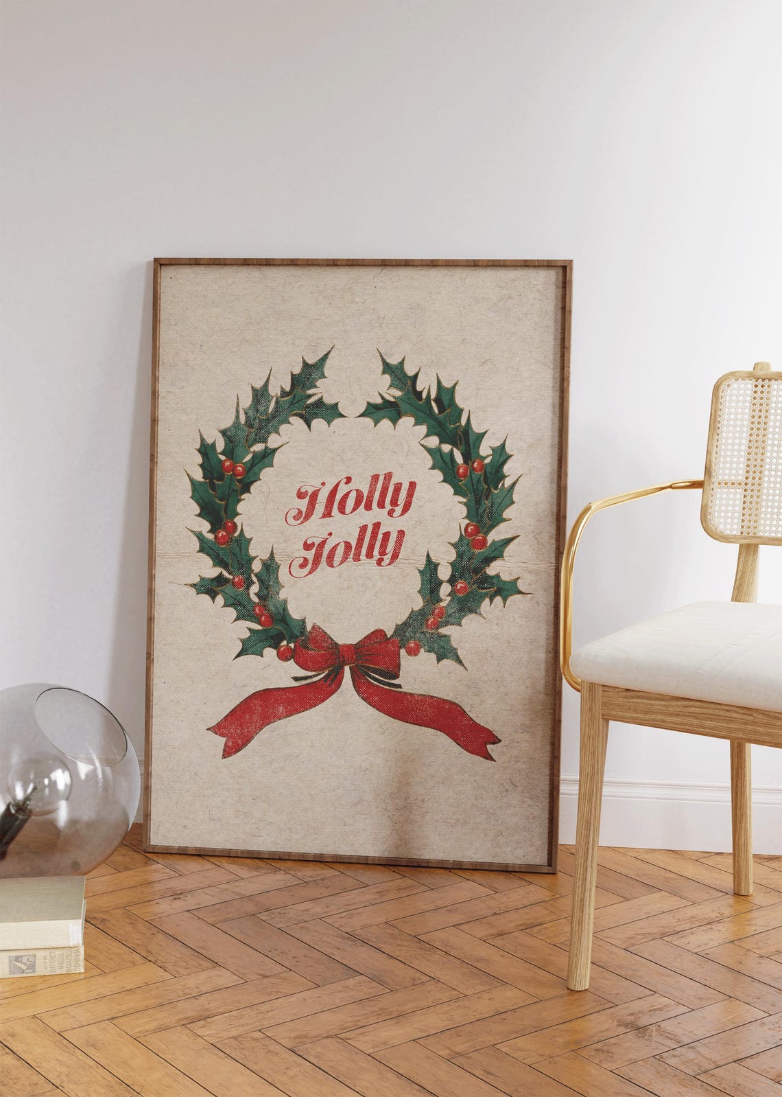 Holly Jolly Vintage Christmas Wreath Red Bow Retro Holiday Wall Art - Image 2