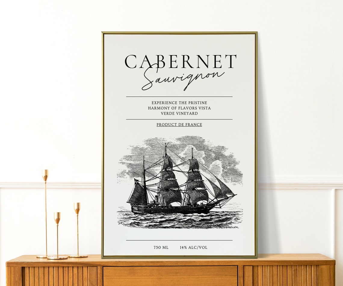 Cabernet Sauvignon France Wine Label Poster Ship Engraving Bar Art