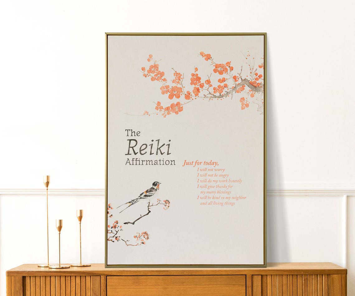 Reiki Affirmation Japanese Blossom Bird Zen Wellness Quote Poster
