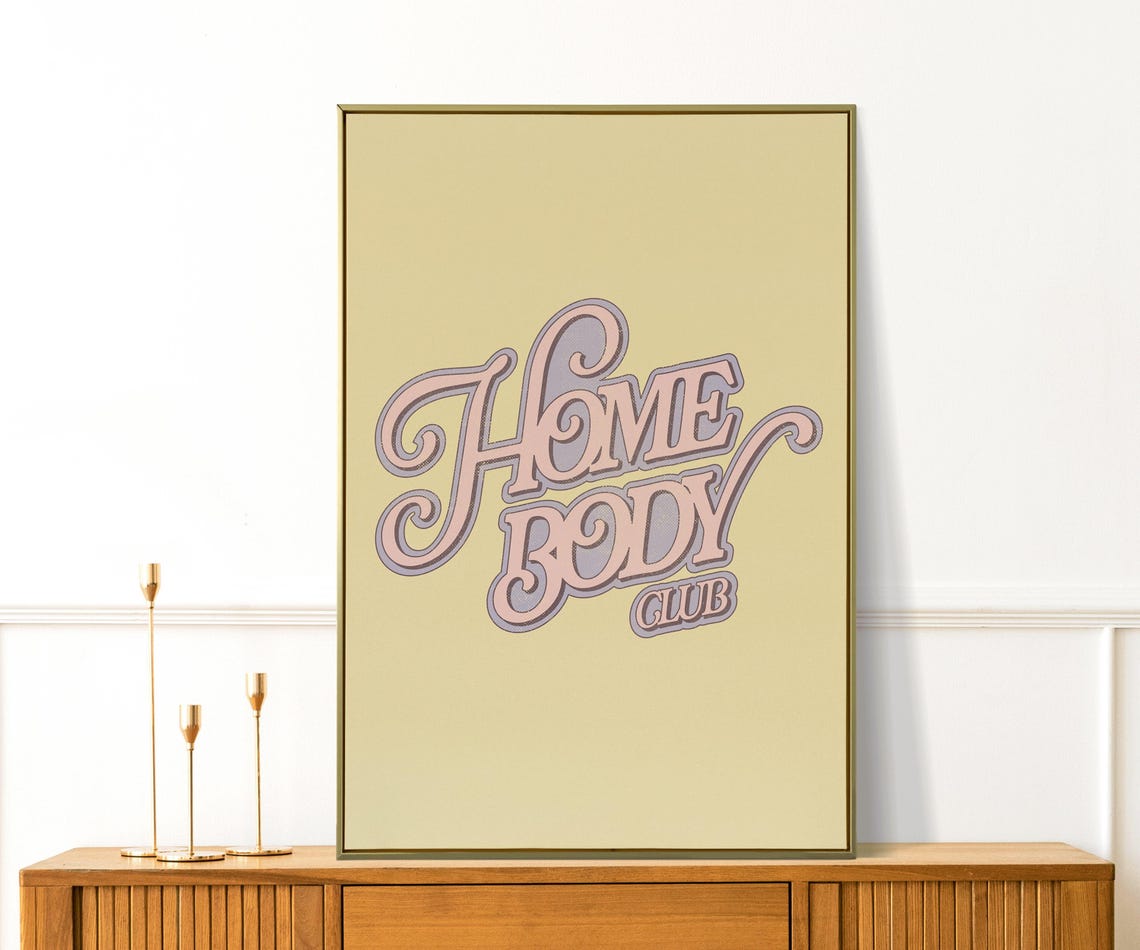 Home Body Club Retro Swirly Peach Script Lettering Yellow Art Poster - Image 4