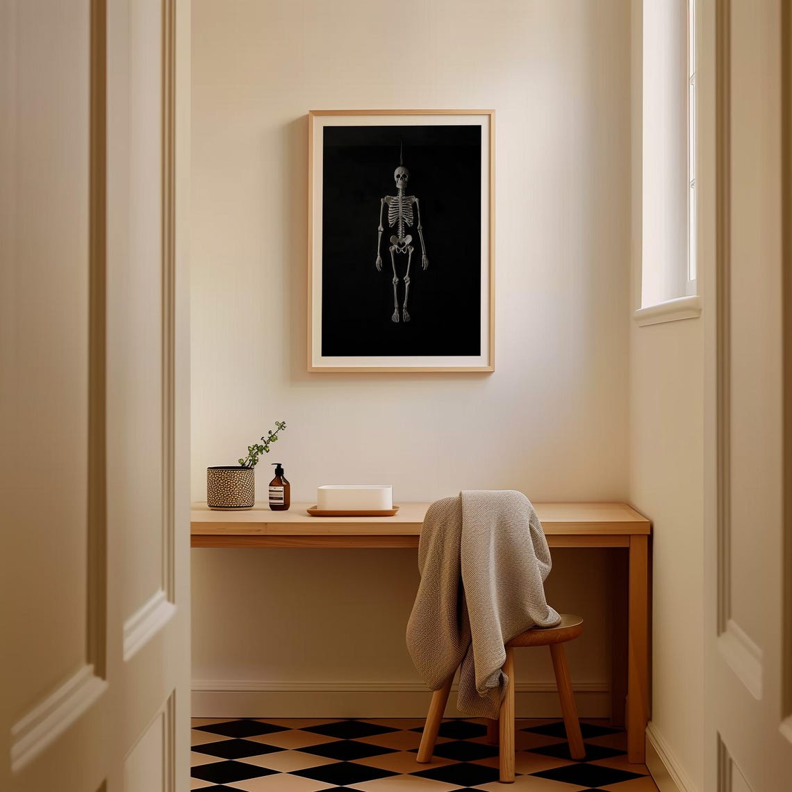 Hanging Skeleton on Black Background Spooky Minimal Halloween Poster - Image 3